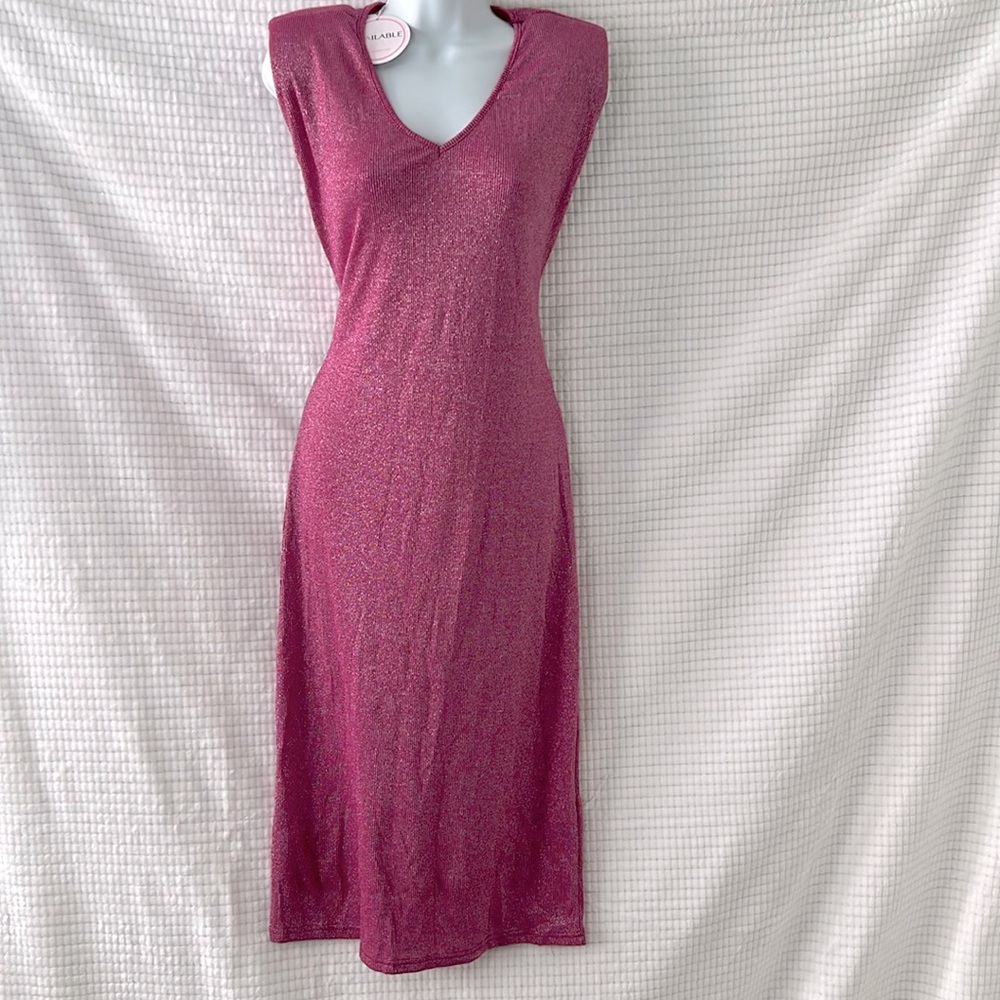 Sleeveless V-Neck Pink Shimmering Sparkle Maxi Dress Size L Tie Back